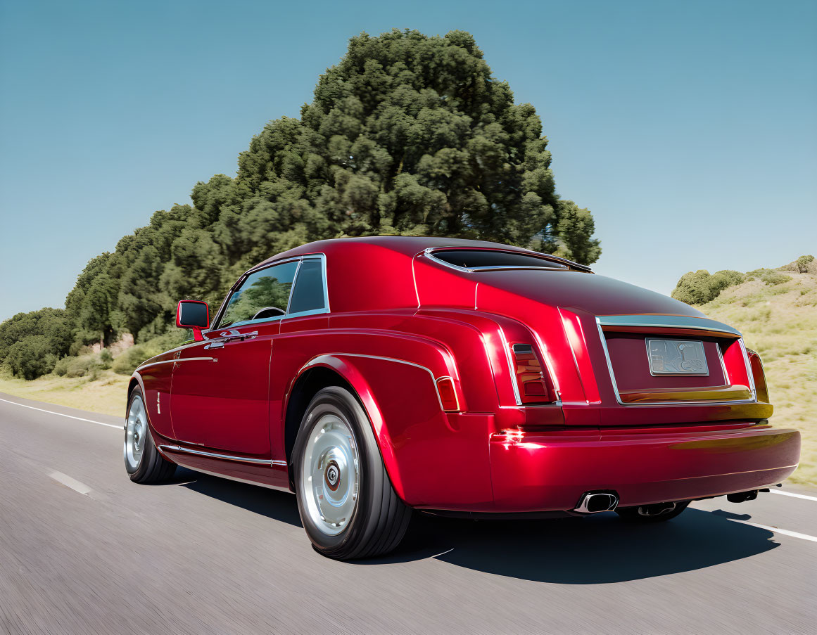 Luxury Red Car Driving on Road with Green Trees and Blue Sky