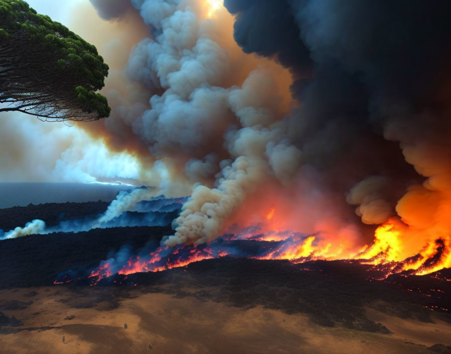 Massive wildfire with billowing smoke near water and lone tree