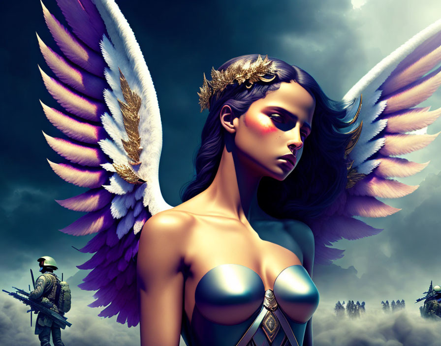 Fantasy digital art: Winged woman with soldier in dramatic sky