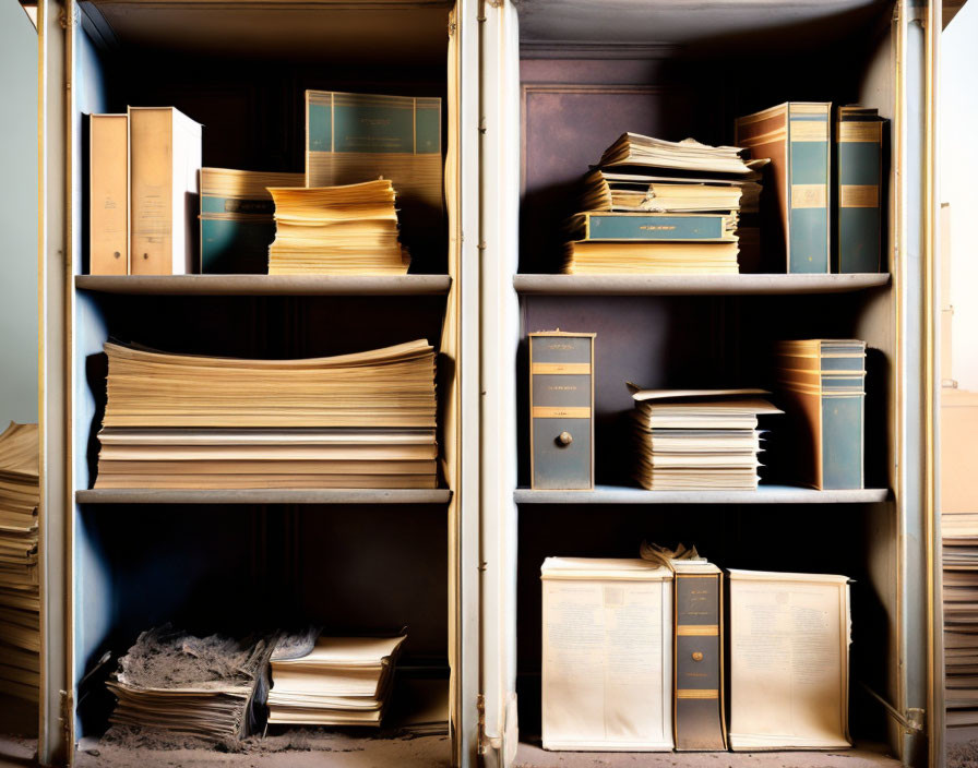 Disorganized old books on two bookcases