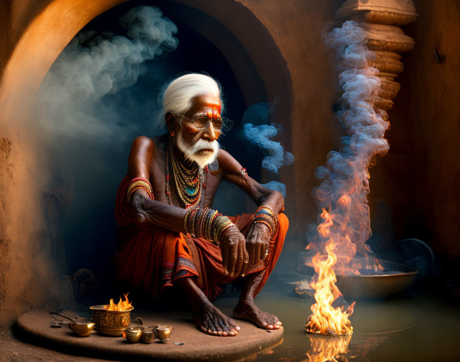 Elderly man in traditional attire by small fire with swirling smoke