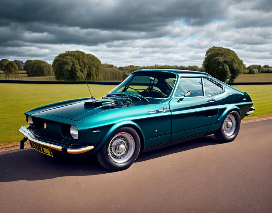 Vintage Green Sports Car Parked on Road with Grass Field