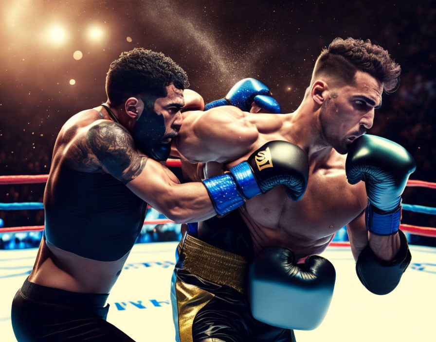 Male boxers in ring, one punching other's face during match.