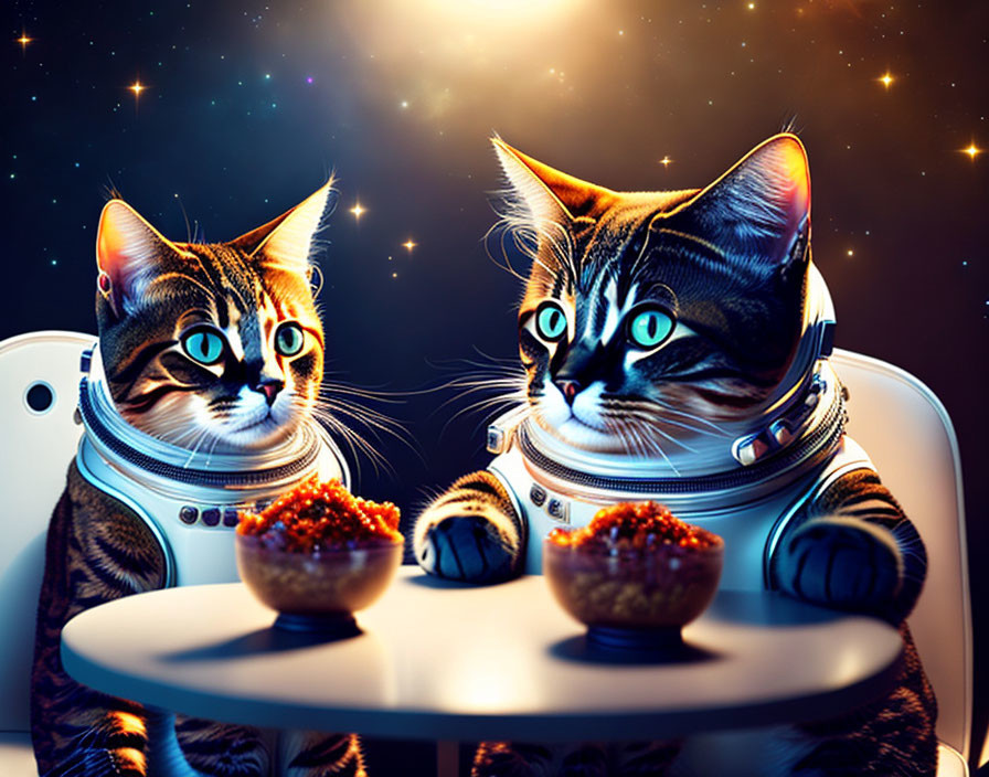 Animated cats in astronaut suits dining in space scenery