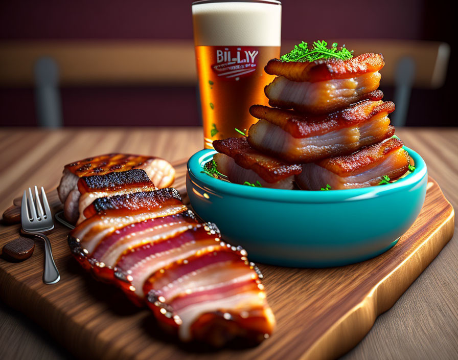 Glazed bacon strips in blue bowl with herbs, fork, and beer pint.