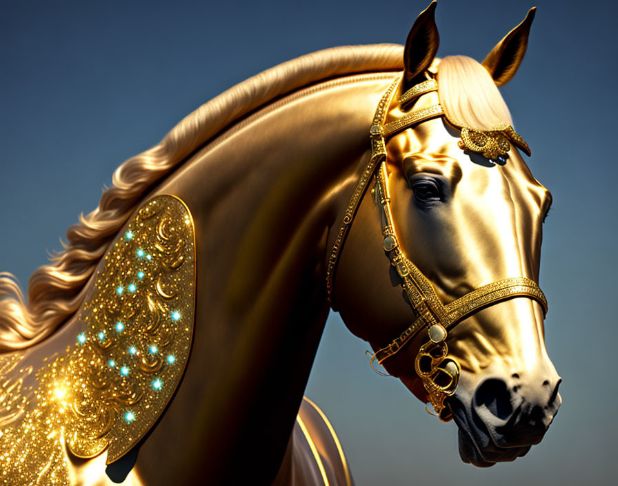 Golden Adorned Horse with Intricate Tack on Blue Background