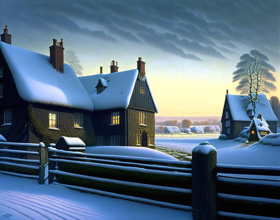 Snow-covered traditional houses and fences in tranquil winter scene under dusky sky.