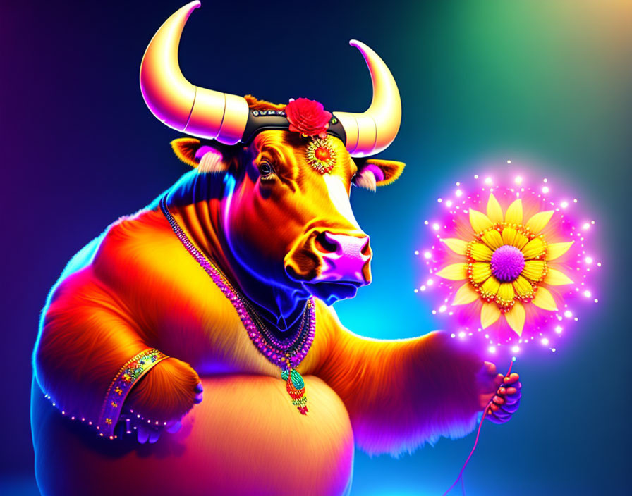 Colorful Stylized Bull Artwork with Flower and Jewelry on Gradient Background