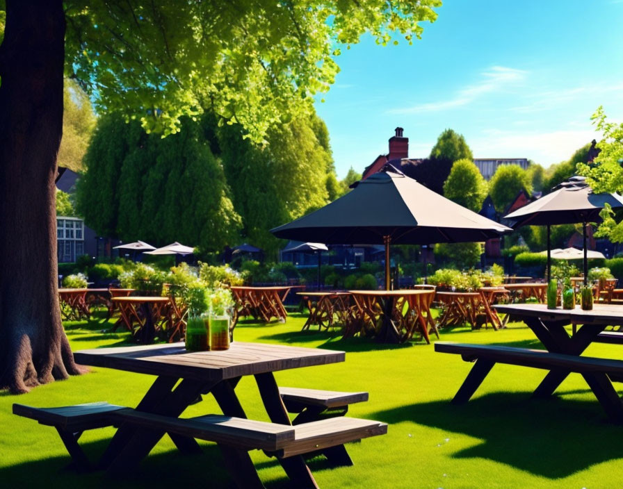 Picnic tables, umbrellas, and drinks under lush trees on a sunny day