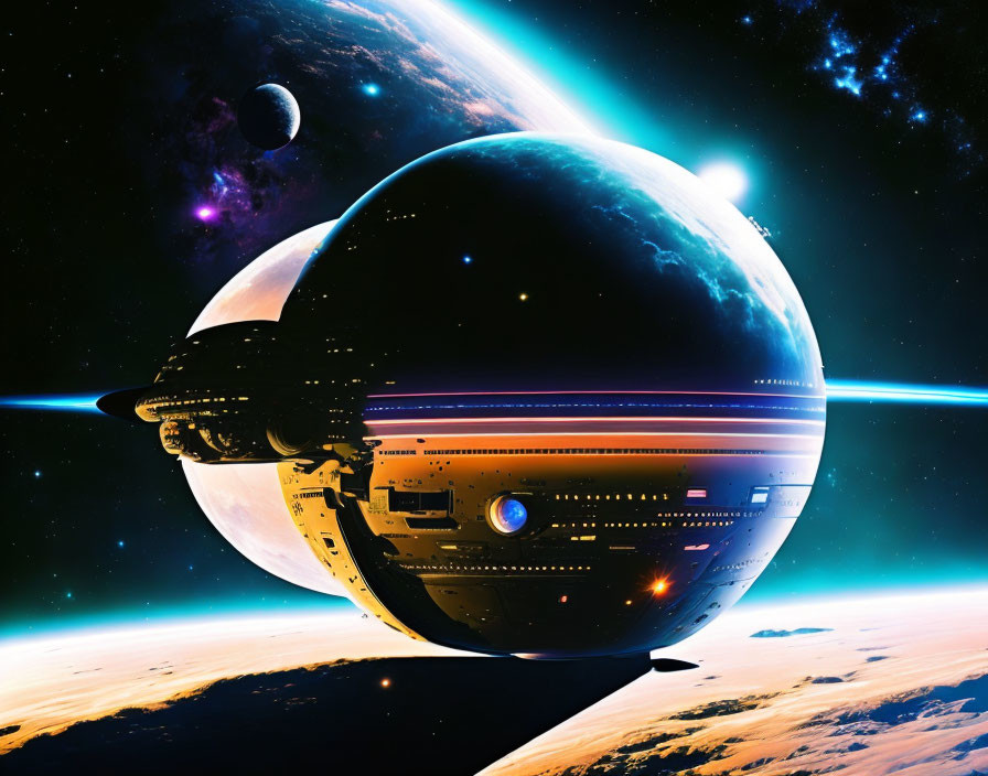 Sci-fi illustration: Massive spaceship orbits Earth-like planet with moon and stars.