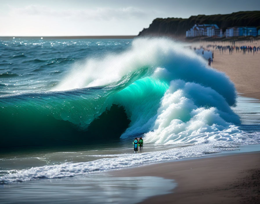 Translucent wave crest with white foam watched from beach