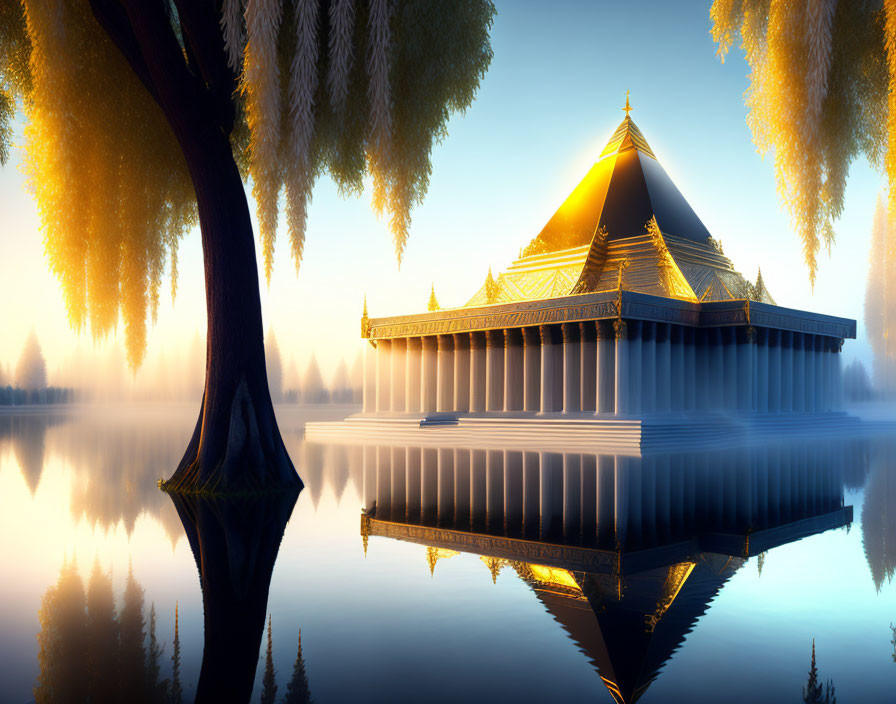 Golden-domed structure reflected in tranquil waters amid misty dawn ambiance