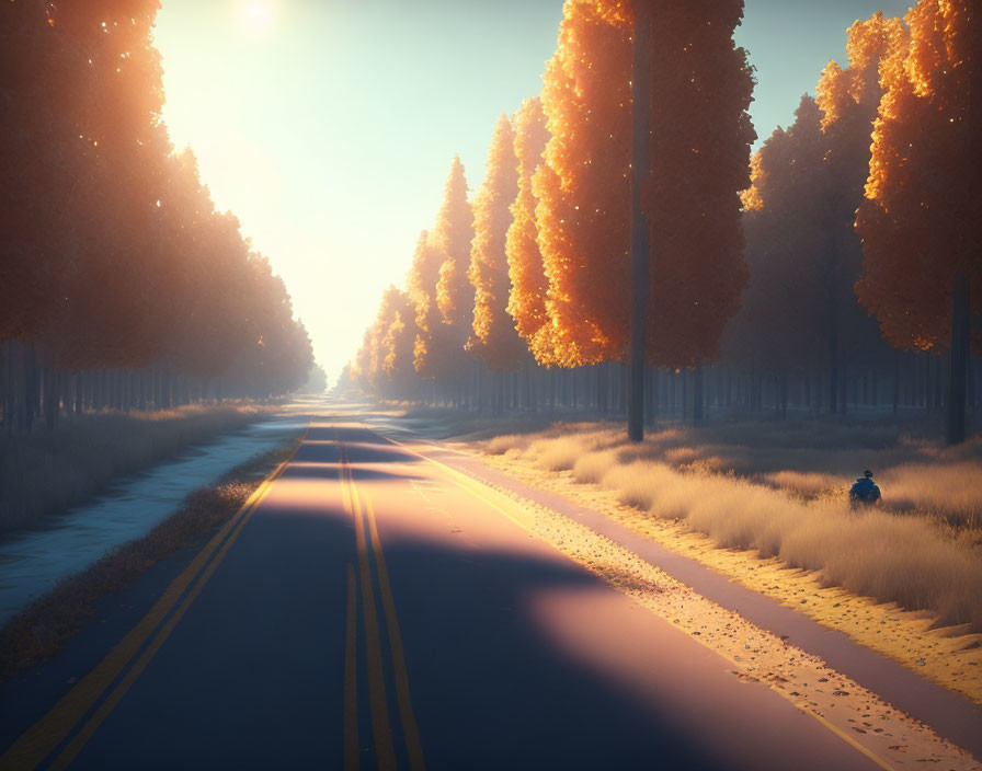 Autumn Road with Golden Foliage and Long Shadows