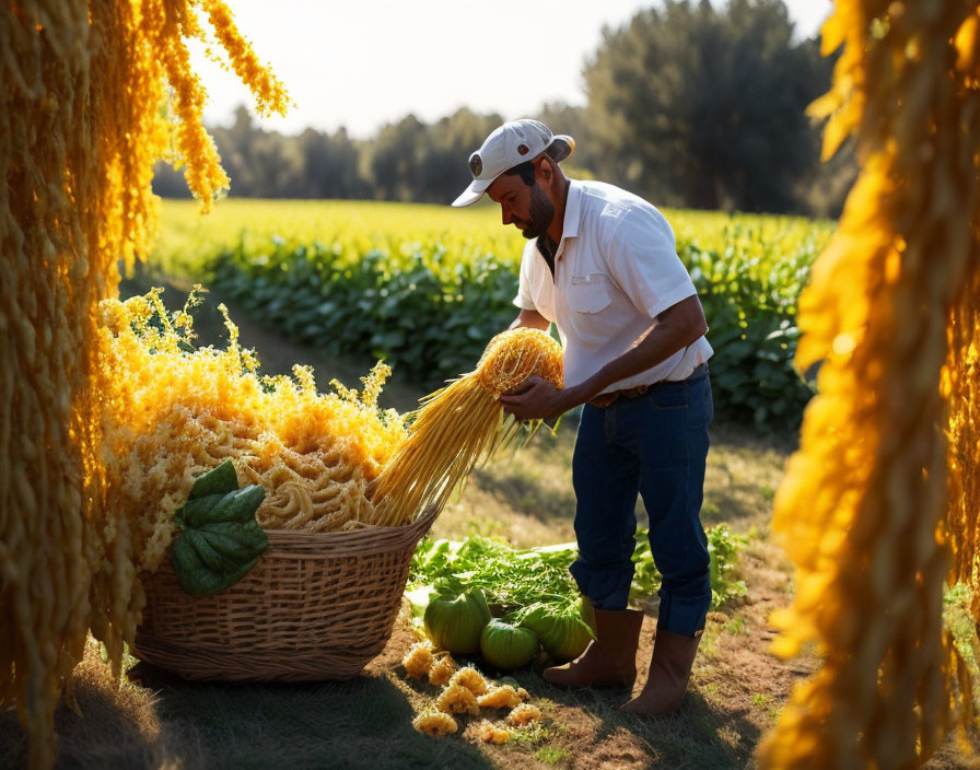 Man picking yellow sponge-like material in sunny field with green plants and basket.