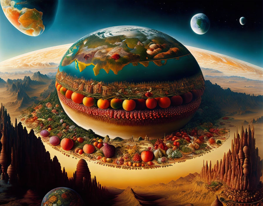 Surreal landscape with giant burger and Earth as patty