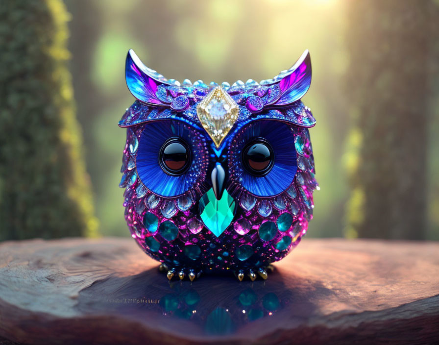 Colorful Jewel-Encrusted Owl Figurine on Wood Surface