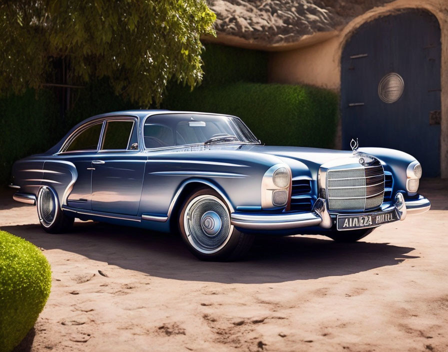 Classic Blue Mercedes-Benz with Whitewall Tires and Front Grille