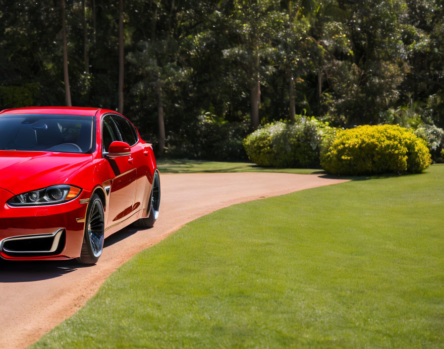 Red Sports Car Parked Next to Manicured Lawn with Greenery