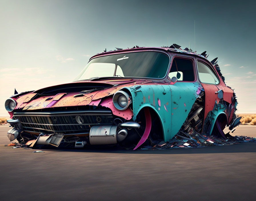 Classic Car with Peeling Paint on Empty Road under Cloudy Sky