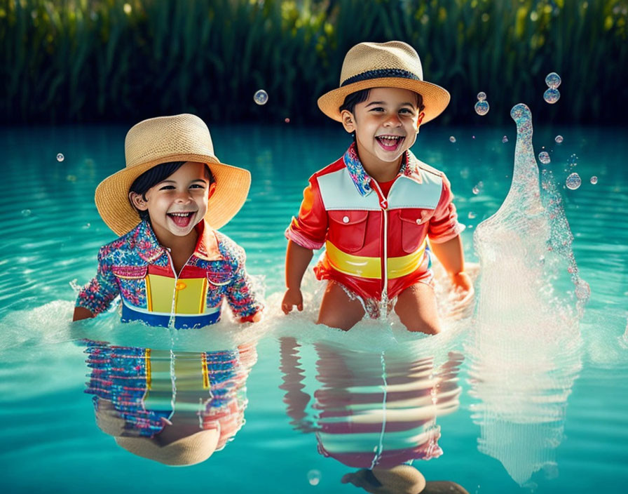 Children in sun hats and life jackets playing in pool with bubbles and splashes