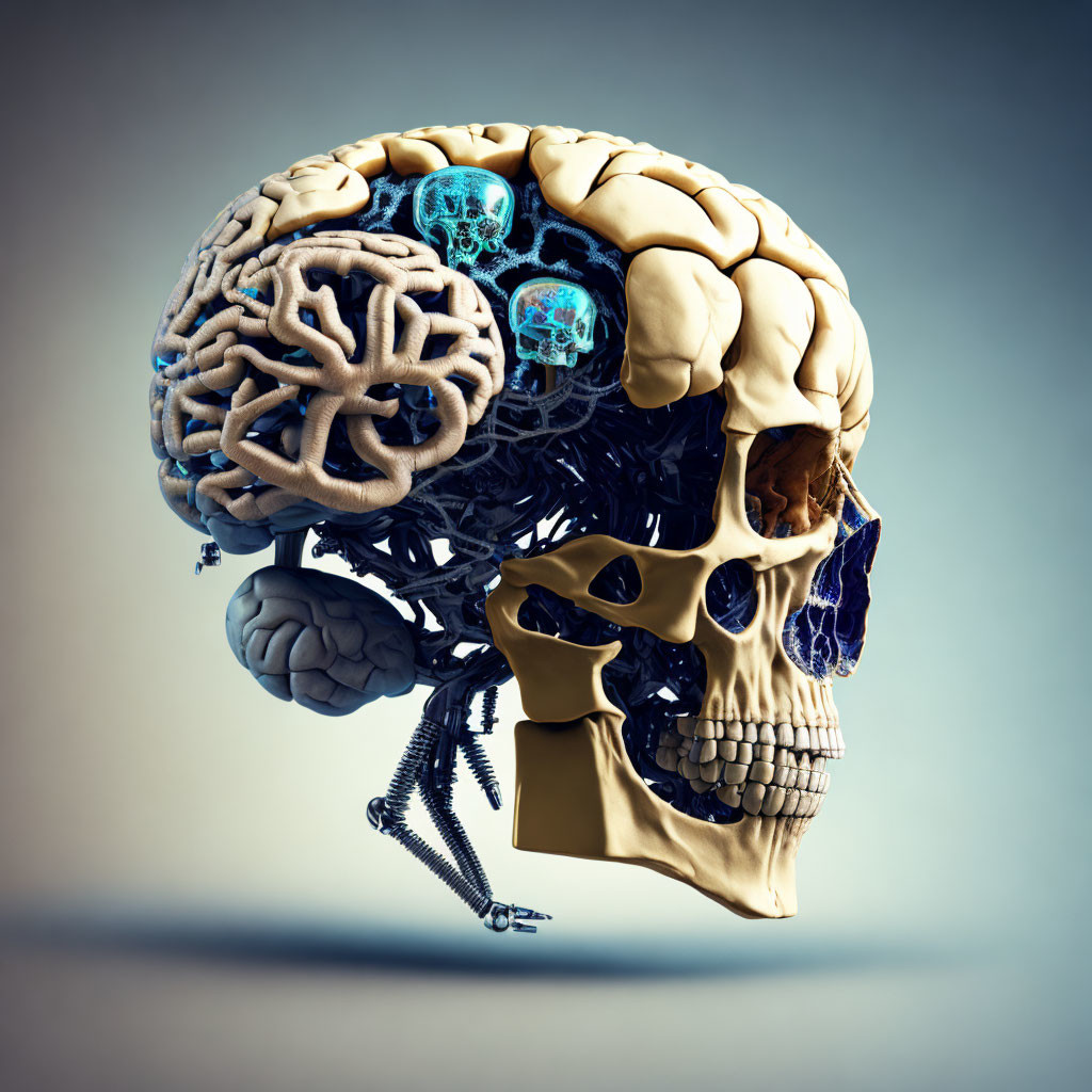 Human skull with brain and mechanical elements symbolizing biology and technology interface