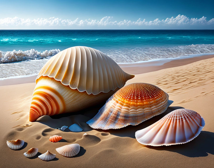 Colorful Seashells on Sandy Beach with Ocean and Blue Sky