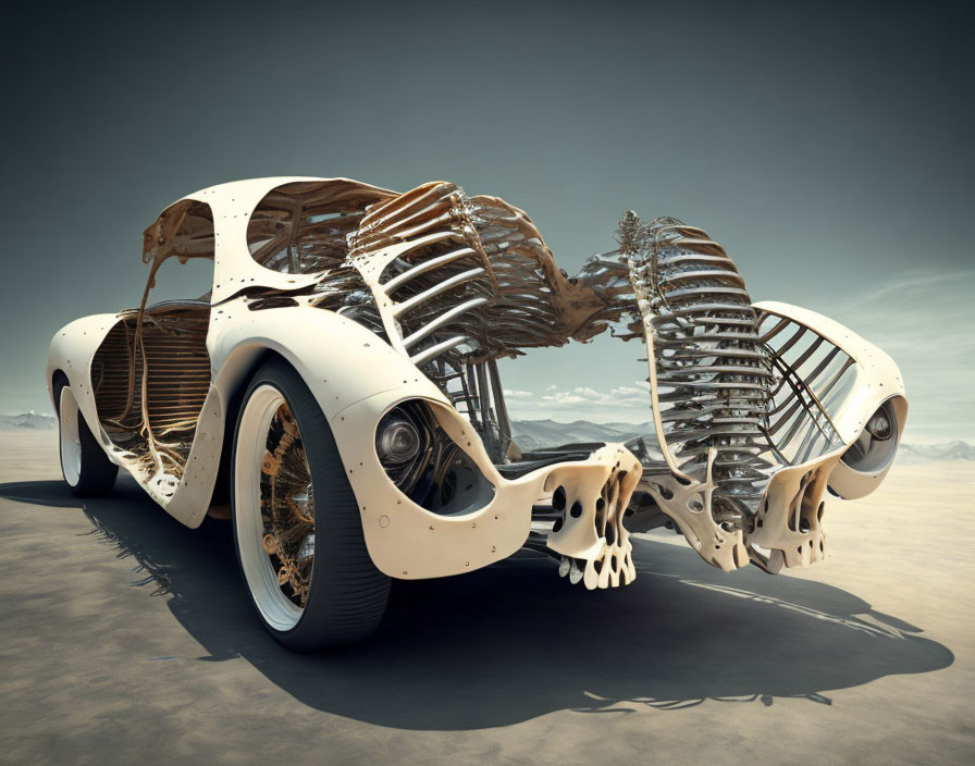 Futuristic Car with Skeletal Structure Design in Desert Landscape