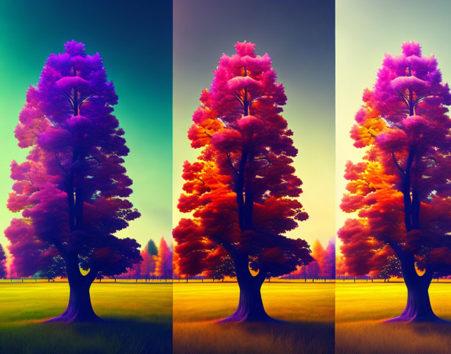 Vibrant purple and orange tree panels against sky gradients.