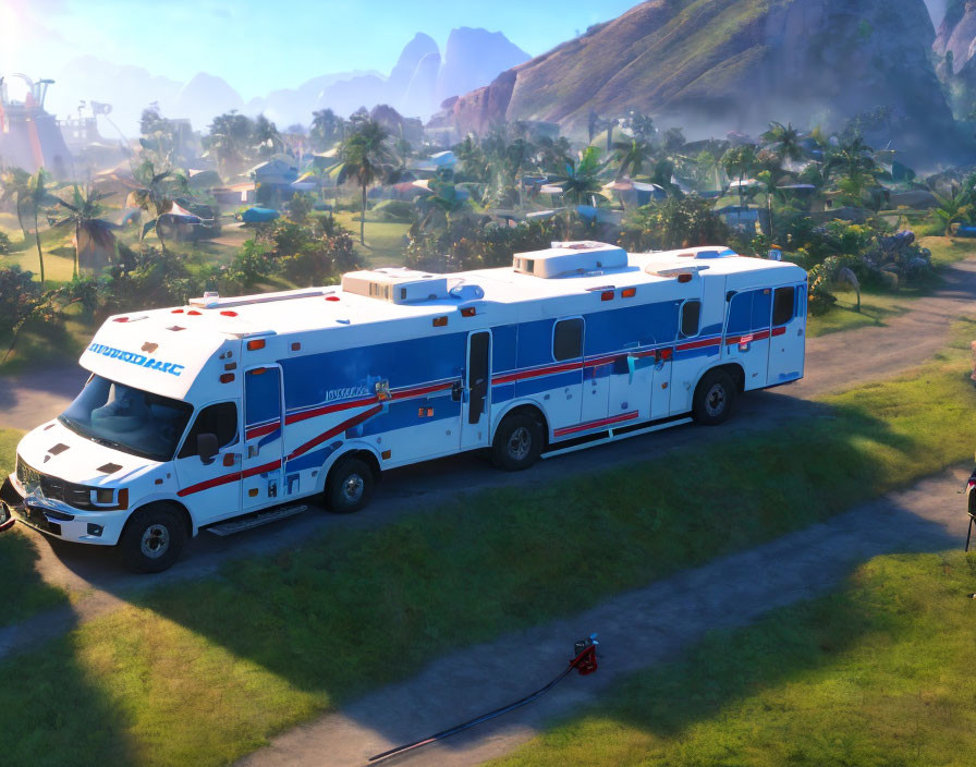 Ambulance vehicles parked in scenic mountain landscape