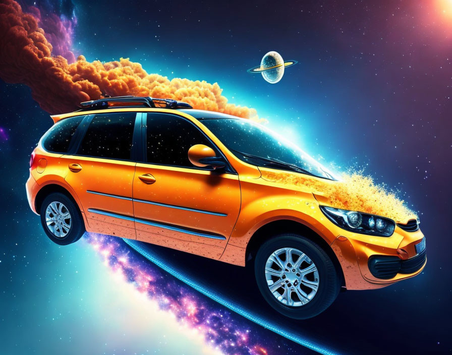 Orange car with glowing wheels in vibrant space scene with stars, nebula, and planet.