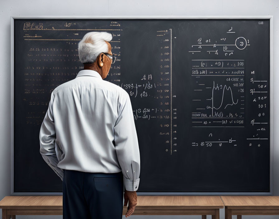 Elderly male professor studying complex mathematical equations on blackboard