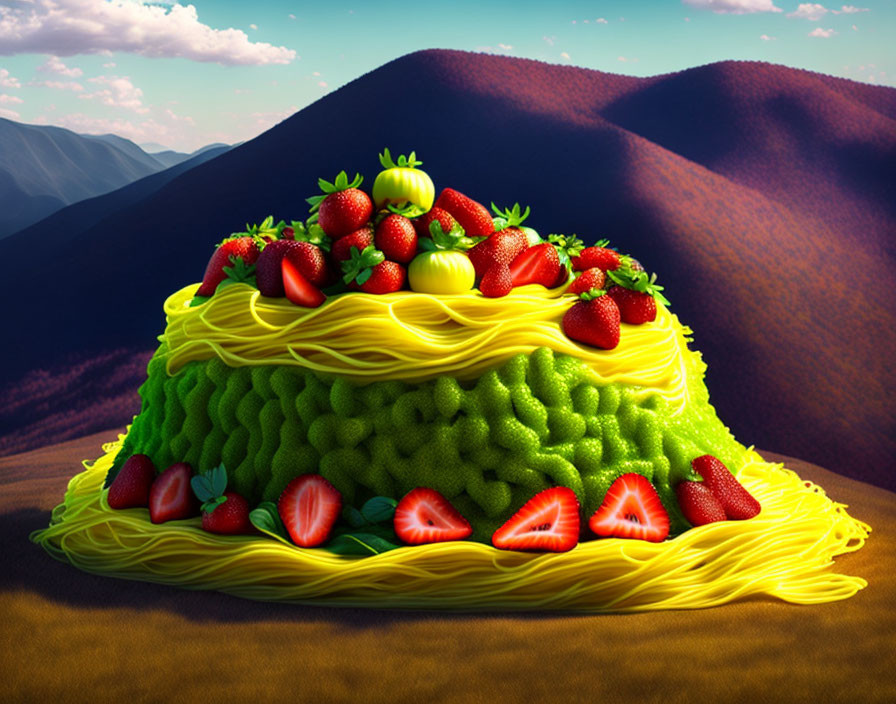 Whimsical illustration: Giant green spaghetti pile with strawberries and basil on mountain backdrop