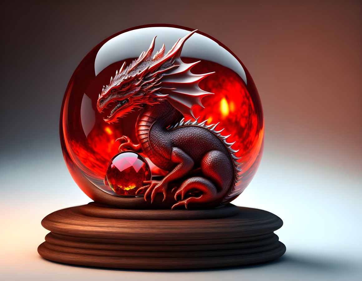 Red Dragon Coiled in Crystal Ball on Wooden Stand with Fiery Backdrop