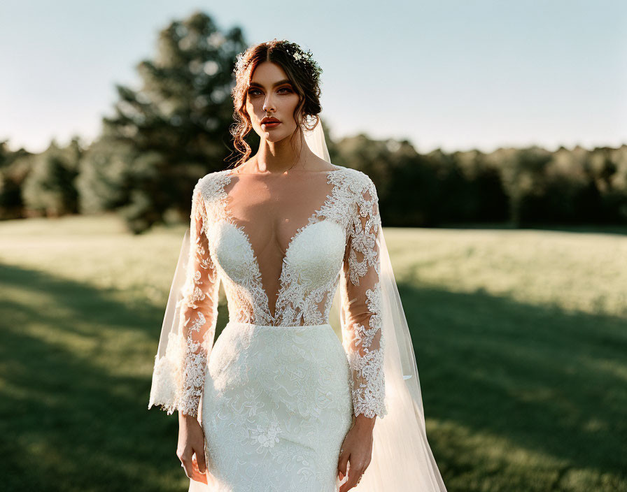 Bride in lace dress with long sleeves outdoors among trees and clear sky