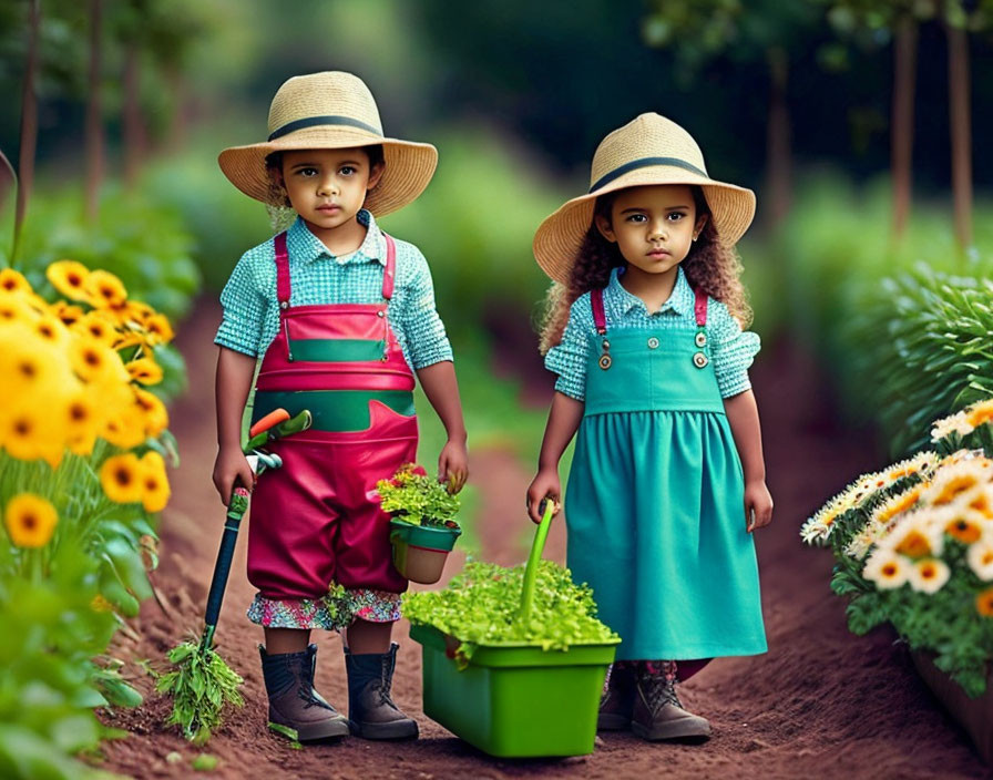 Children in gardening attire amid lush plants and flowers with tools and straw hats.