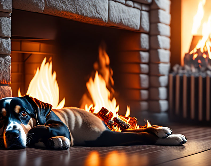 Dog resting by warm fireplace for a cozy atmosphere