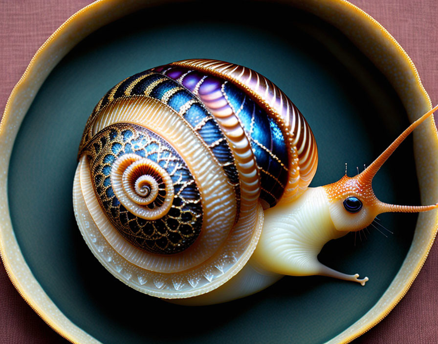 Colorful digitally enhanced snail with ornate metallic shell pattern in a bowl.