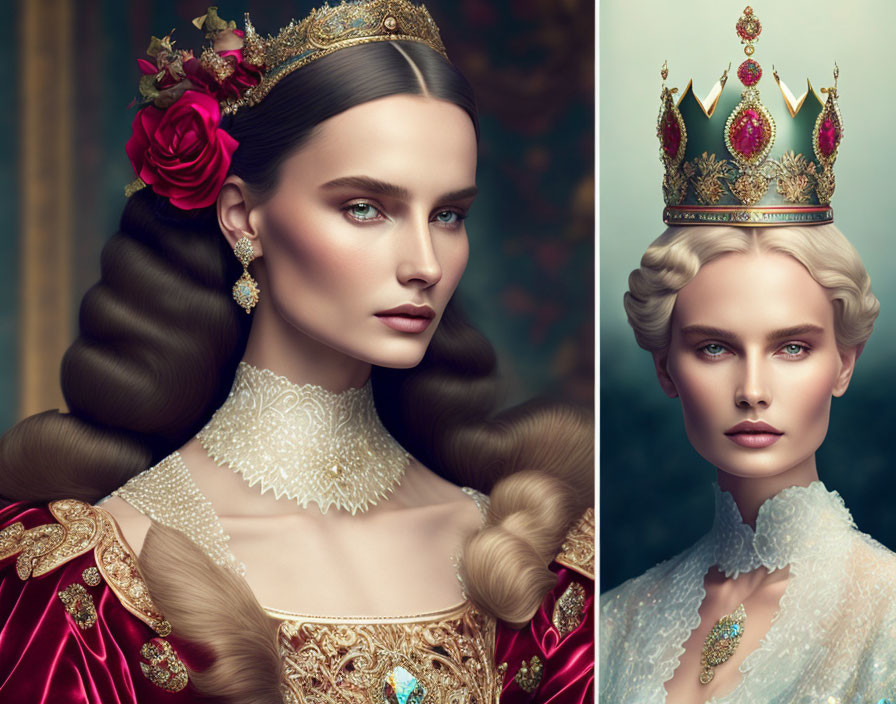 Two women portraits styled as royalty with elaborate hairstyles and jeweled gowns