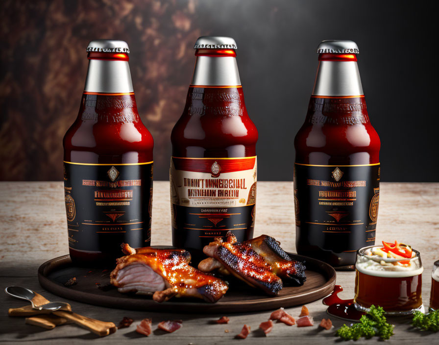 Beer bottles, grilled meat, and sauce on wooden tray against dark background