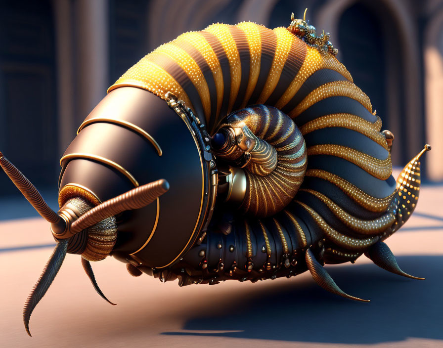 Fantastical snail with metallic shell in arched corridor setting