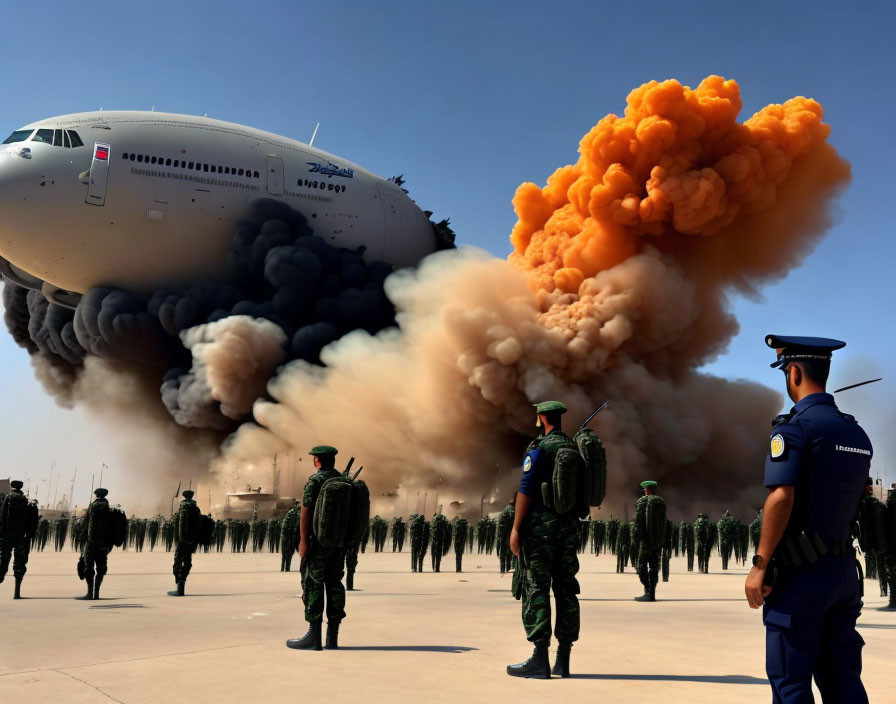 Military personnel witness large explosion and billowing smoke near aircraft.