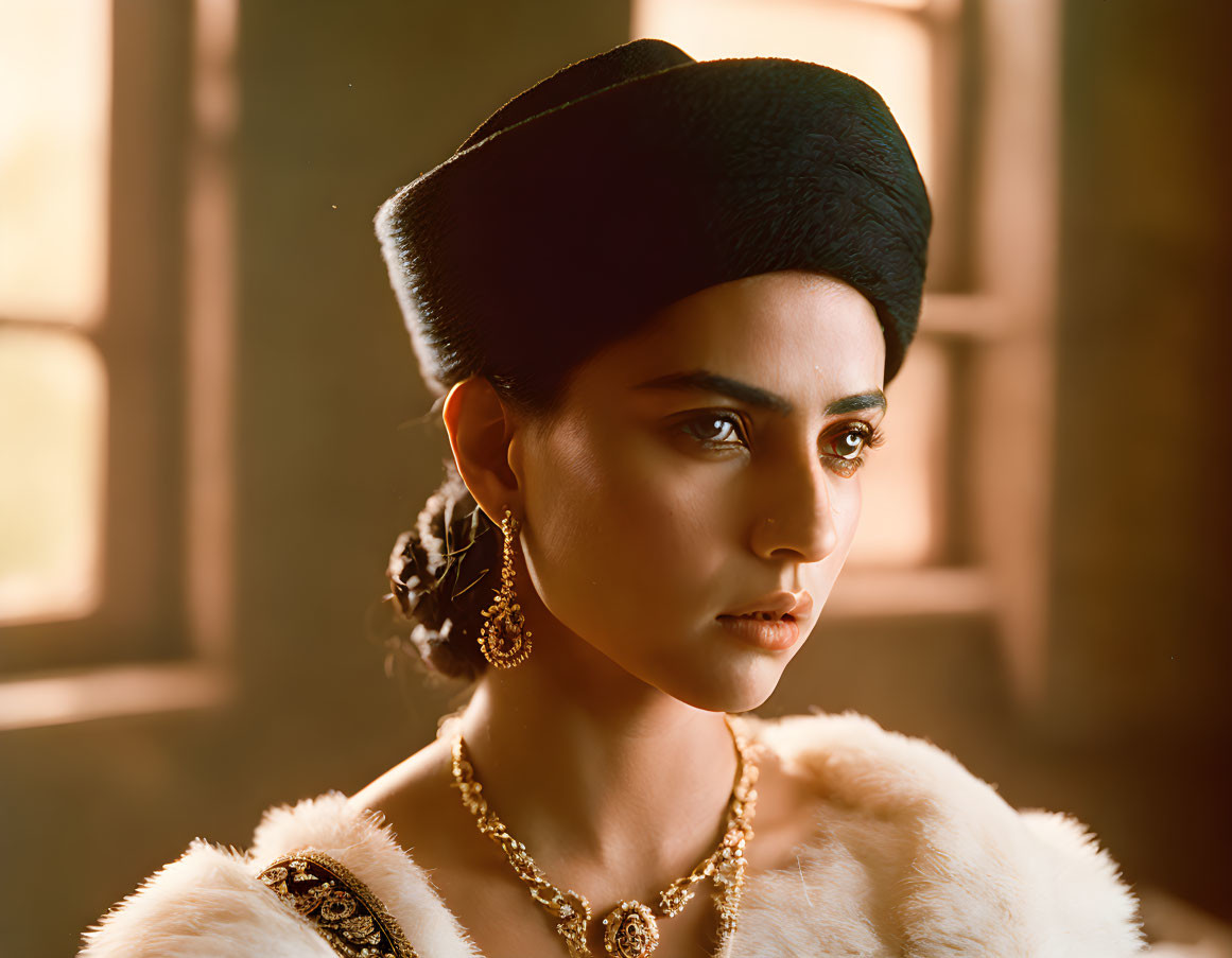 Intense gaze woman in black beret and white fur garment lit by warm light