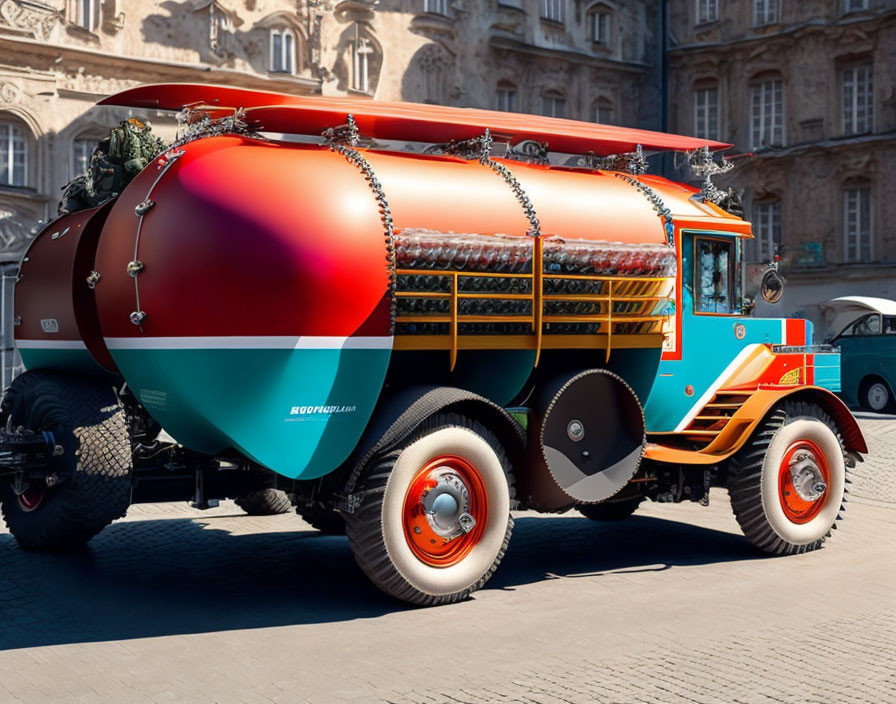 Vibrant orange and blue gradient tanker truck on cobblestone street