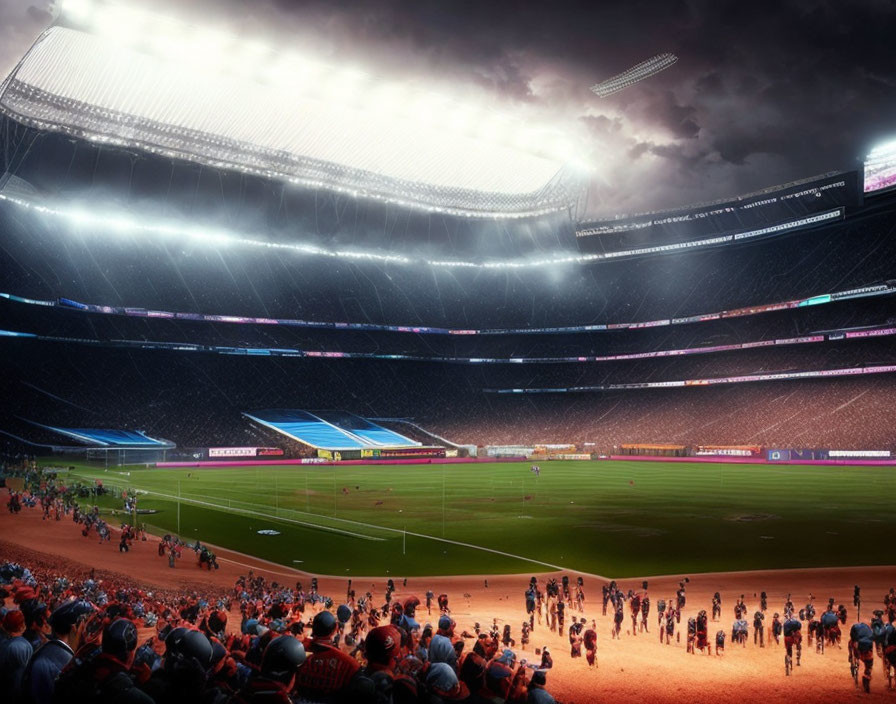 Large stadium with spectators under dramatic evening sky.