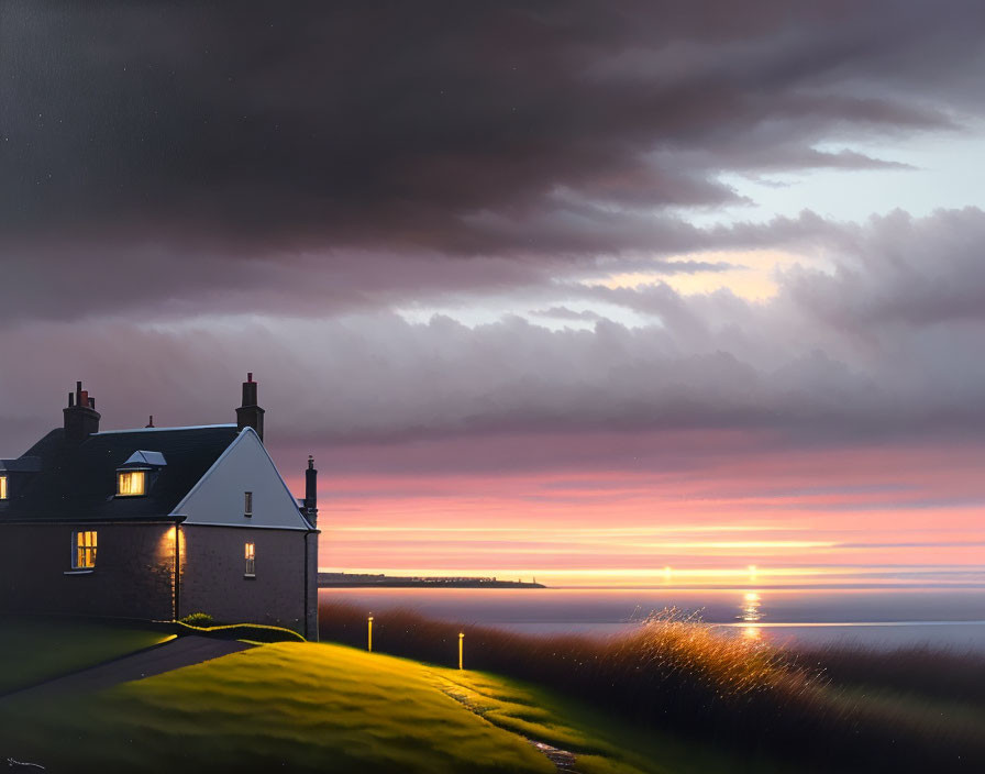 House under dark cloud at twilight with sunlit ocean horizon and lit pathway