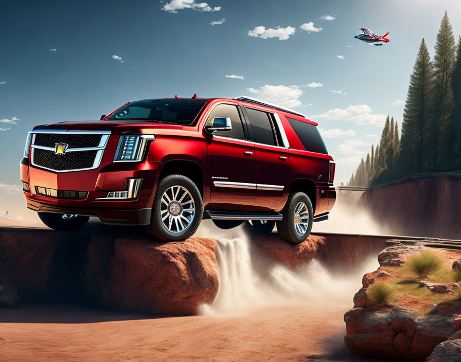 Red Cadillac Escalade SUV speeding in desert with helicopter overhead