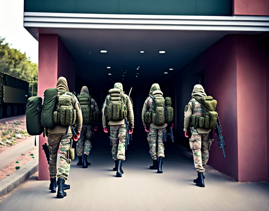 Military soldiers in camouflage uniforms with backpacks and rifles walking under a pink wall structure.