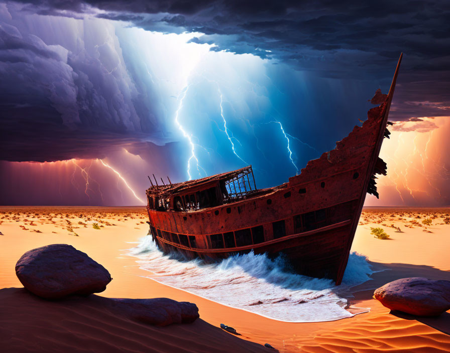 Dramatic shipwreck scene with lightning bolts in desert landscape