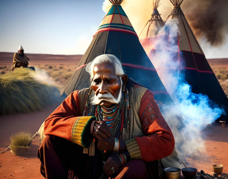 Elderly man in traditional clothing by campfire with teepees & horse rider