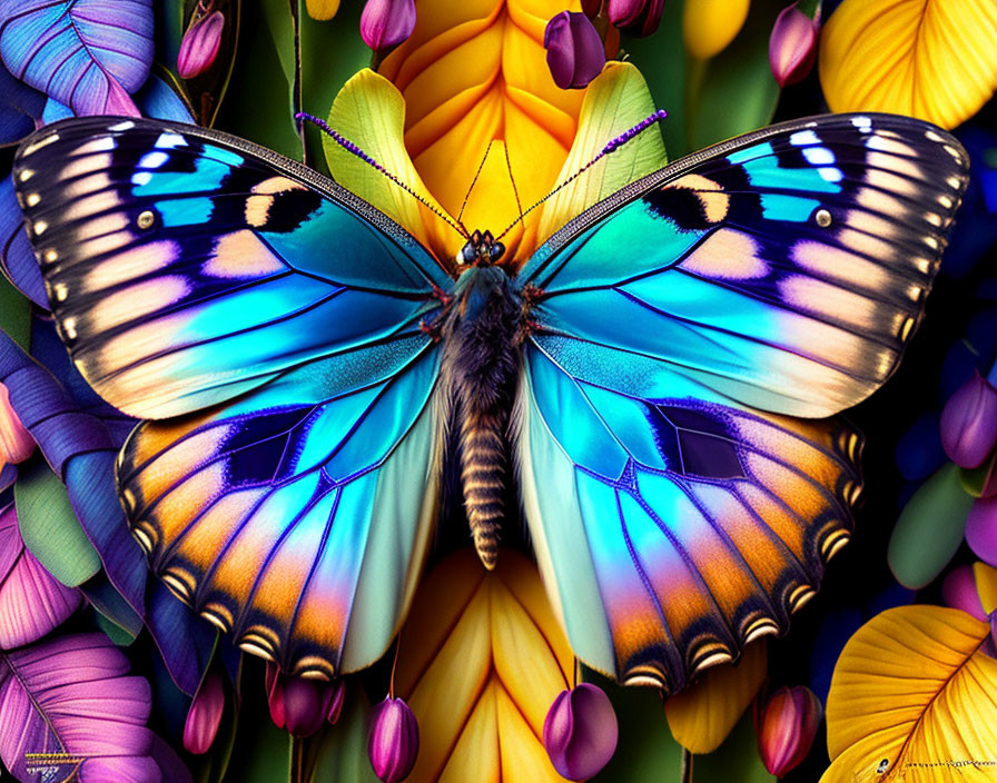 Colorful Blue Butterfly Resting on Yellow and Purple Flowers